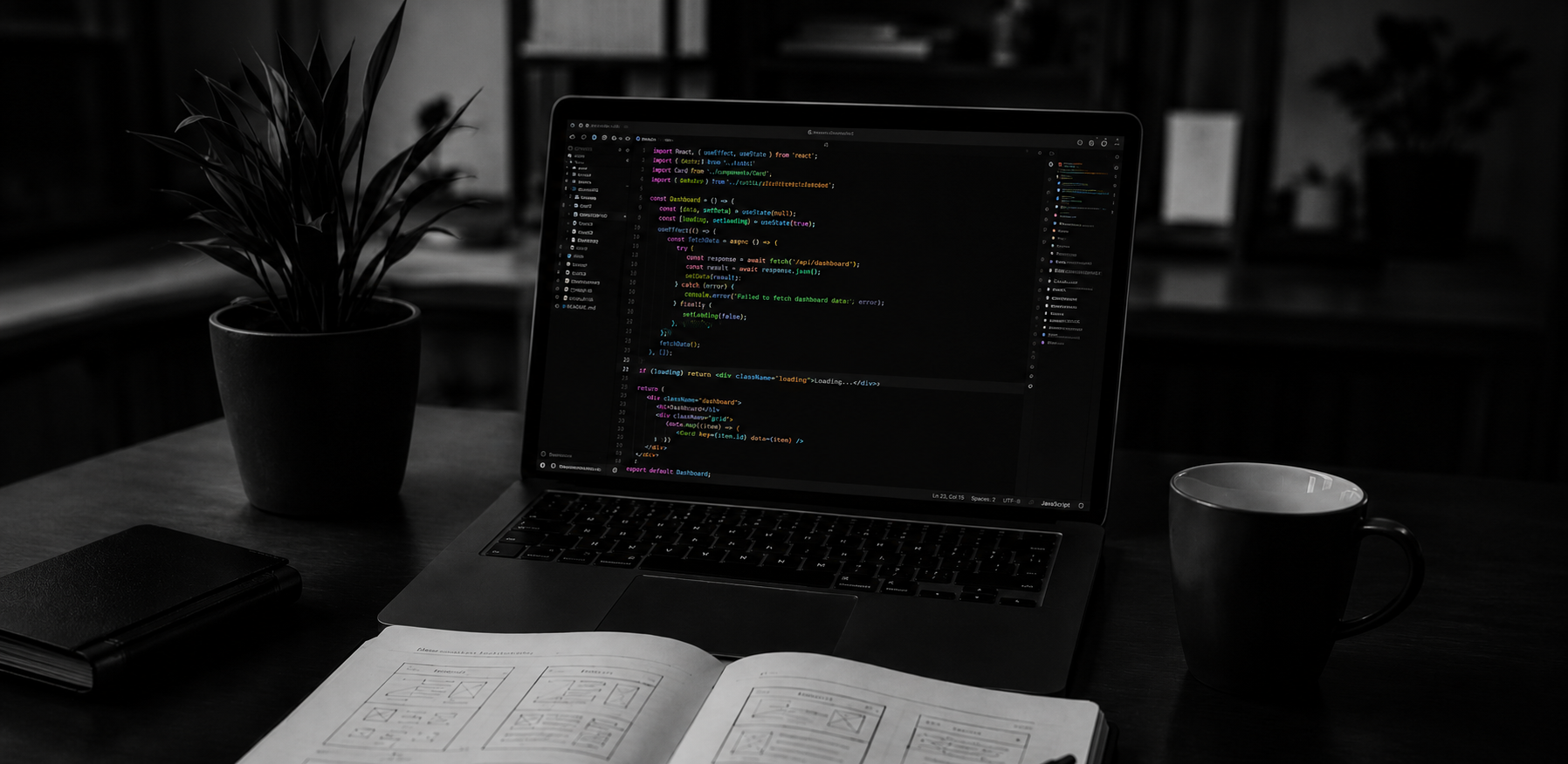 Dim desk with laptop showing code, open notebook, coffee mug, and potted plant in a dark room.