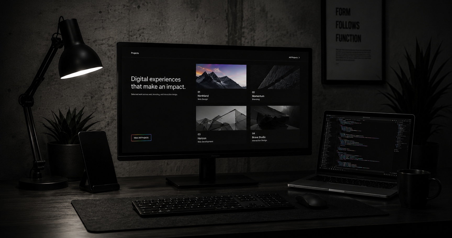 Dim desk setup with a monitor, laptop, lamp, keyboard, and small plant in a dark room