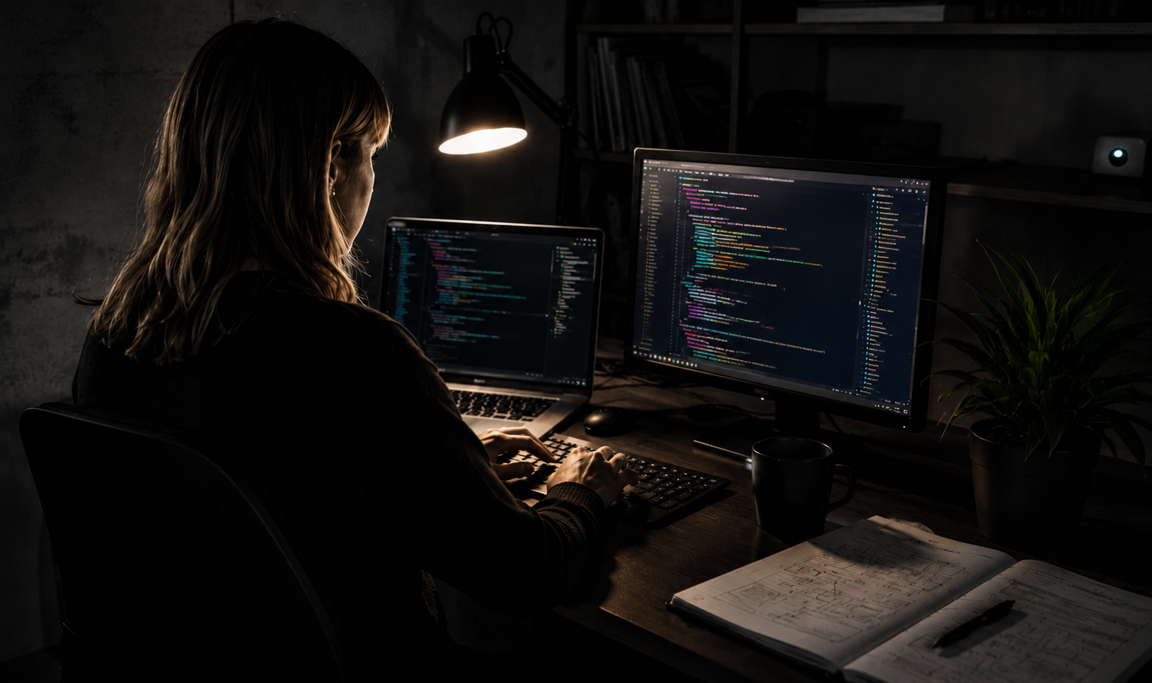 Person at a dark desk coding on dual monitors under a lamp, with notebook and coffee cup nearby.