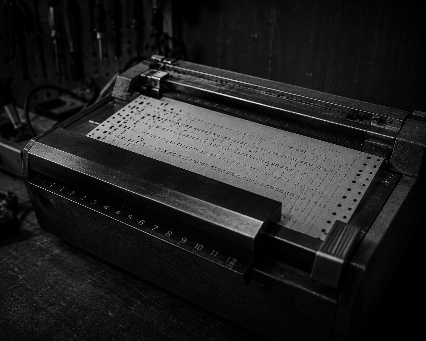 Vintage black-and-white photo of a mechanical music box or automatic perforated paper-machine in a dark workshop
