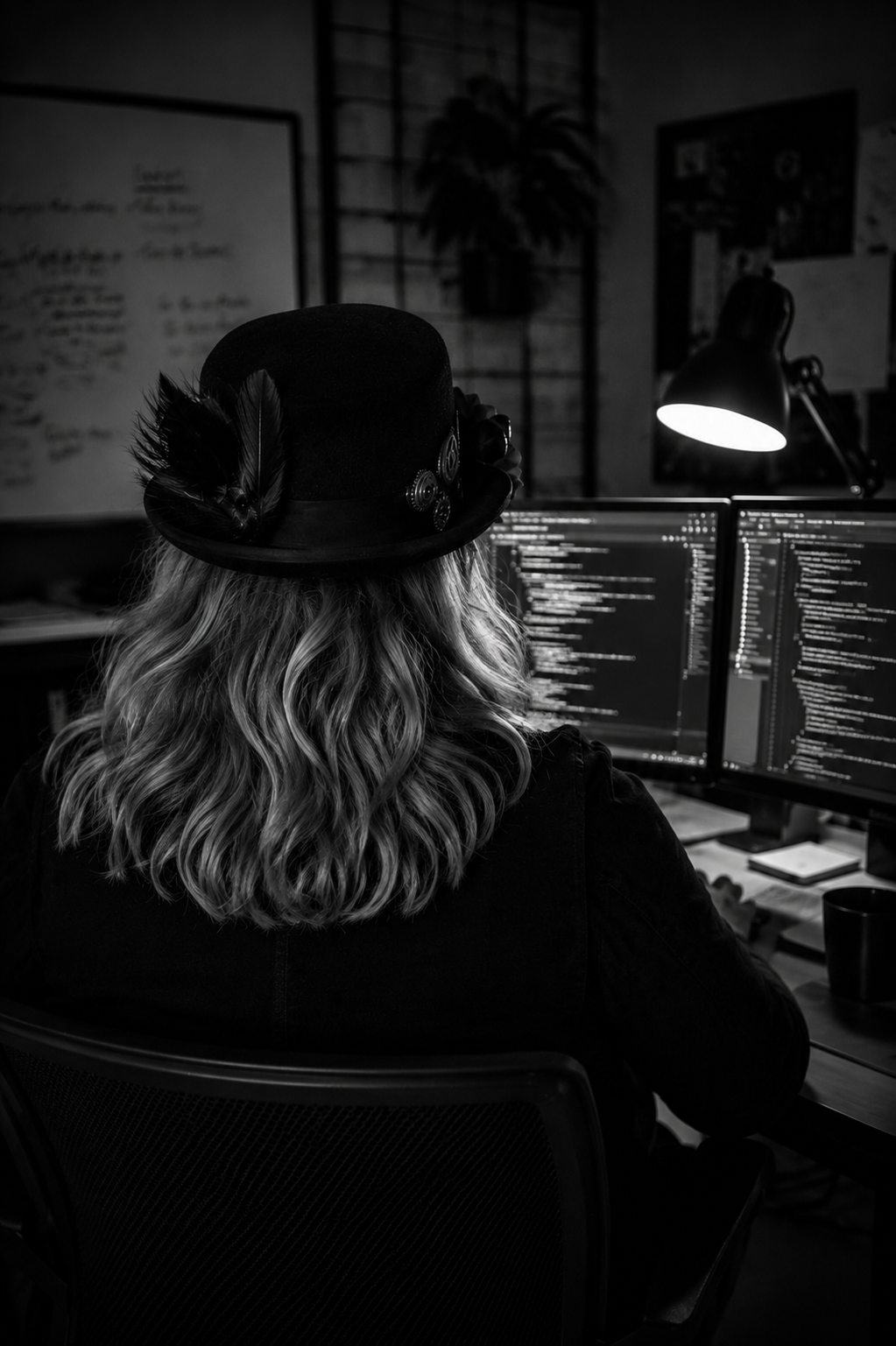 Person in a black hat working at a desk with dual monitors in a dim office