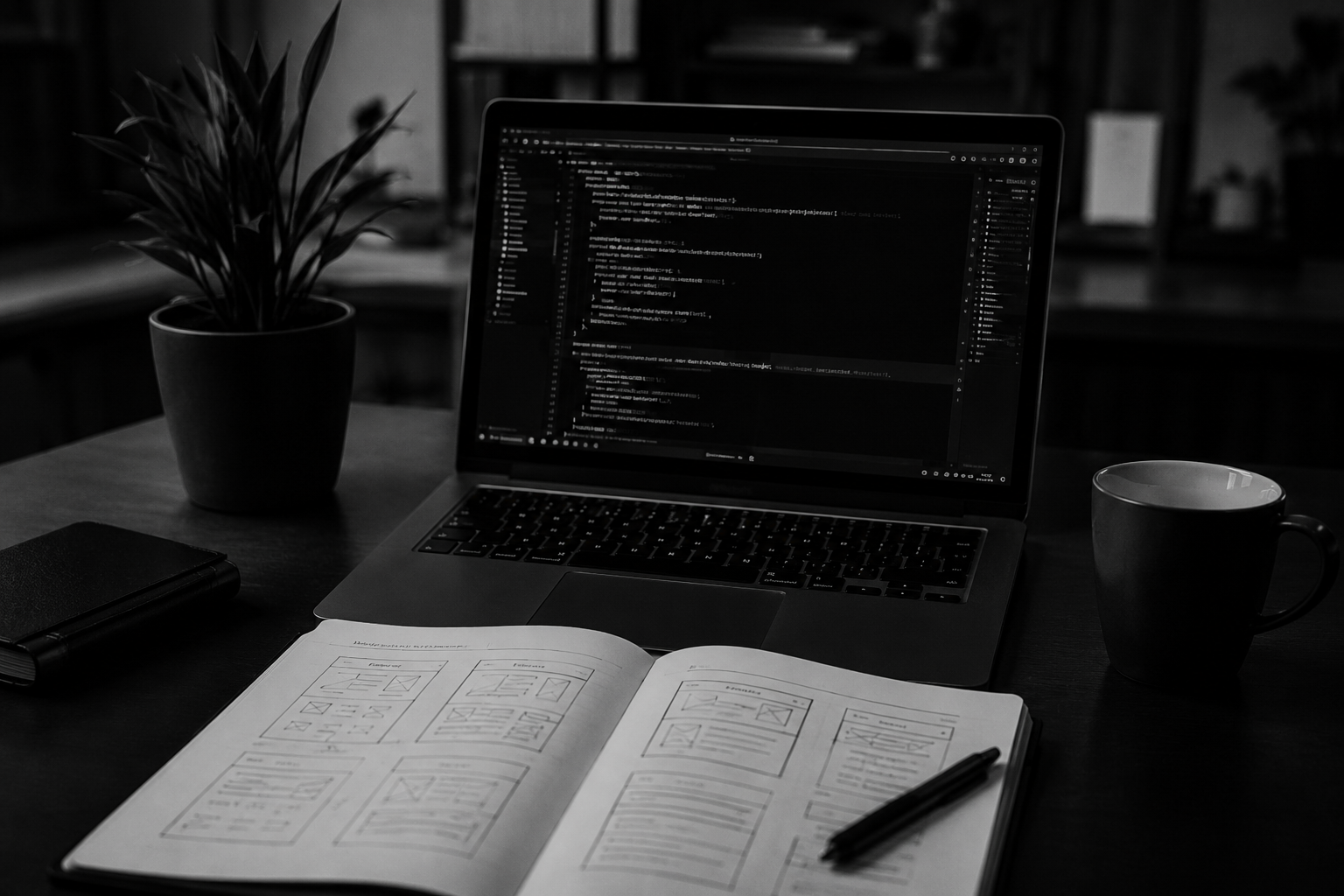 Desk with open notebook, laptop showing code, pen, coffee cup, and plant in a dim workspace.
