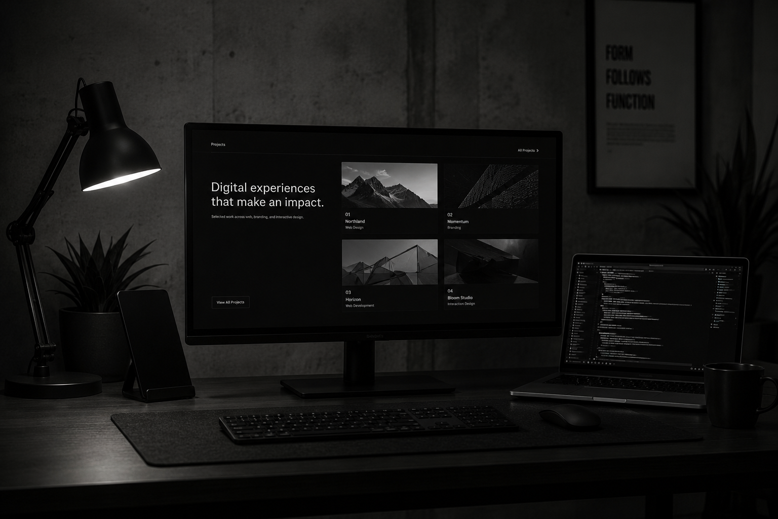 Dark home office desk with dual monitors, keyboard, lamp, plant, and laptop in low light