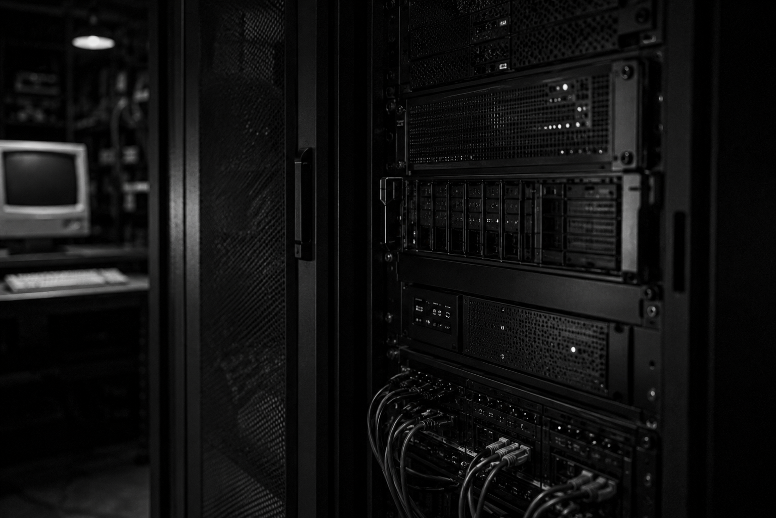 Dim server rack in a dark data center with visible network cables and equipment racks.