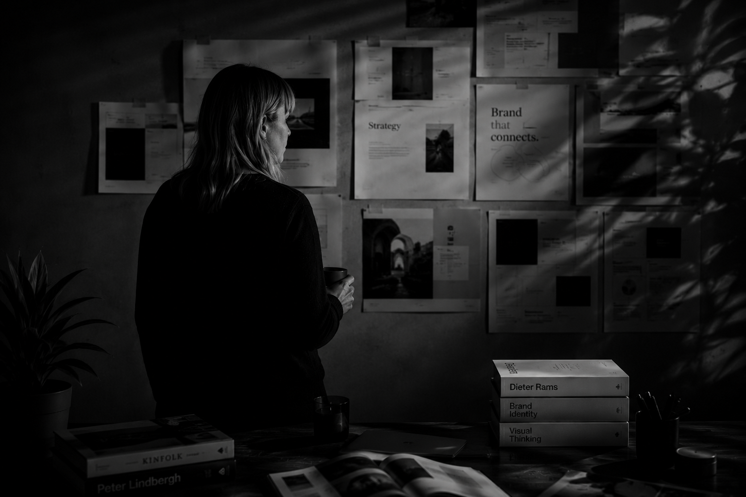 Person in a dark room studies notes and photos pinned on a wall under dim light.