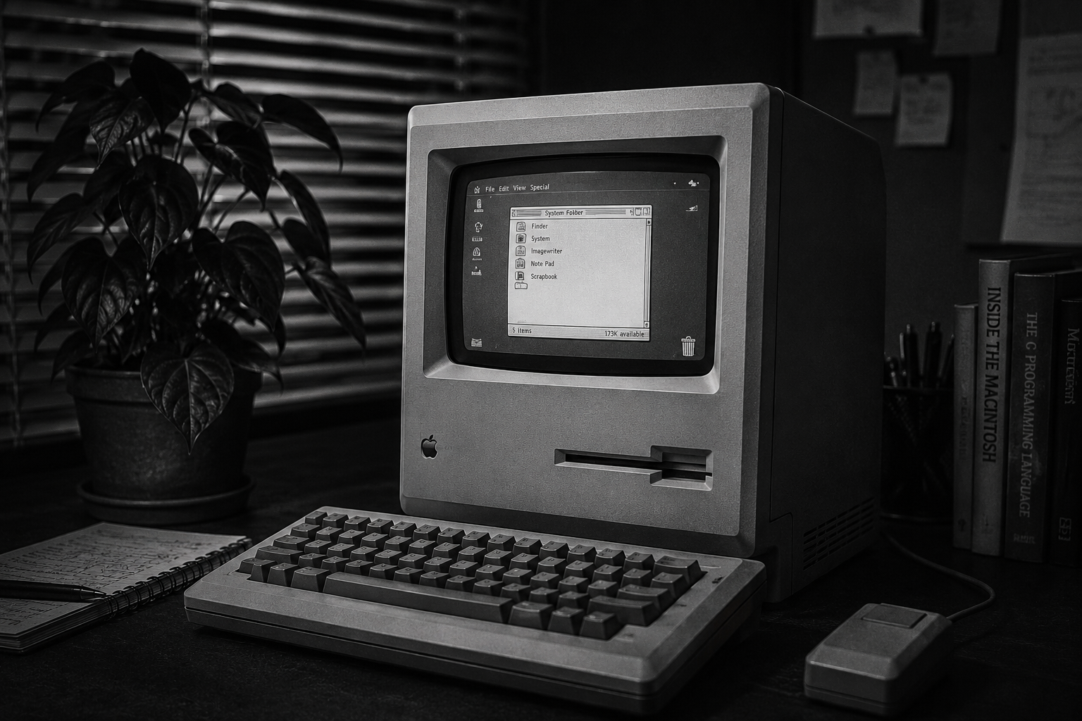 Black-and-white photo of a vintage Macintosh computer on a desk with a keyboard and mouse in an office.