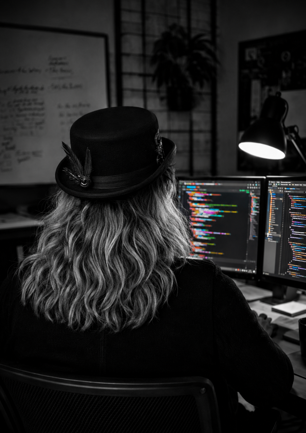 Person in a black hat at a desk, facing monitors with colorful code in a dimly lit office.