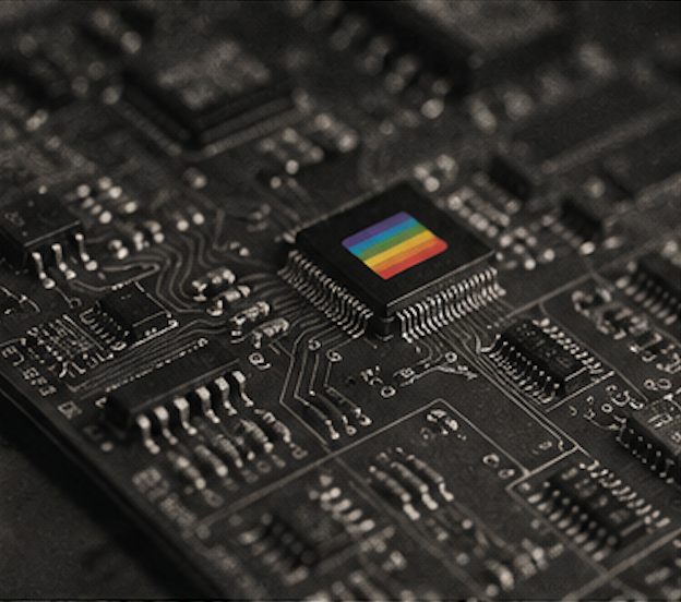 Close-up of a black circuit board with a small rainbow-colored microchip in the center