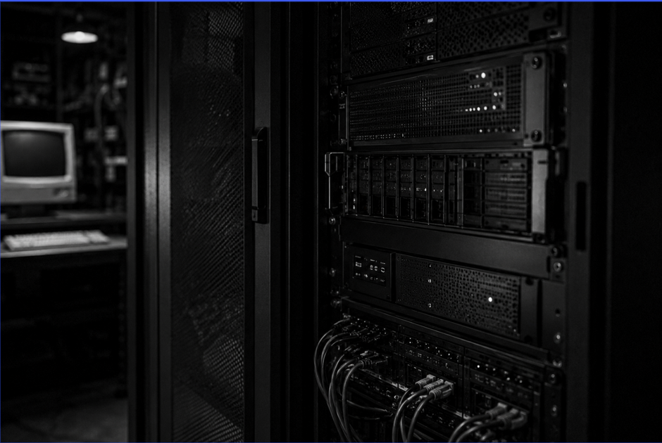 Dim server room with black rack-mounted equipment and network cables, lit by a faint monitor glow