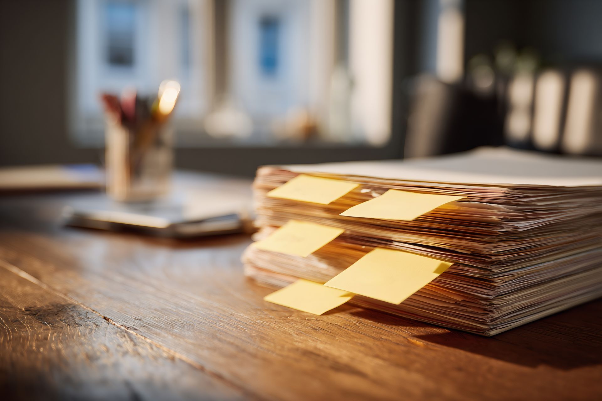 Stack of dosuments on a wooden desk in a softly lit office