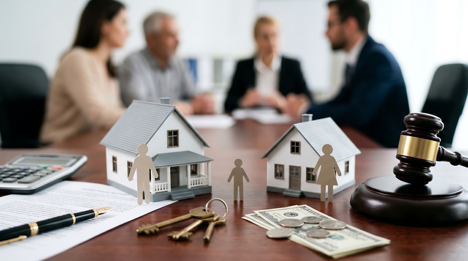 Family mediation session with couple and attorneys at a conference table with house models, gavel, and keys representing asset division