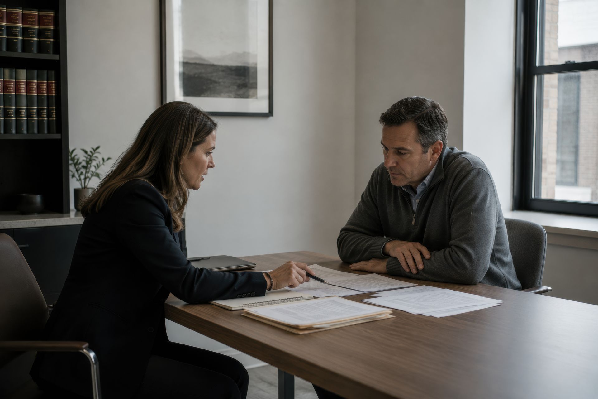 Bankruptcy attorney reviewing financial documents with a client during a debt relief consultation