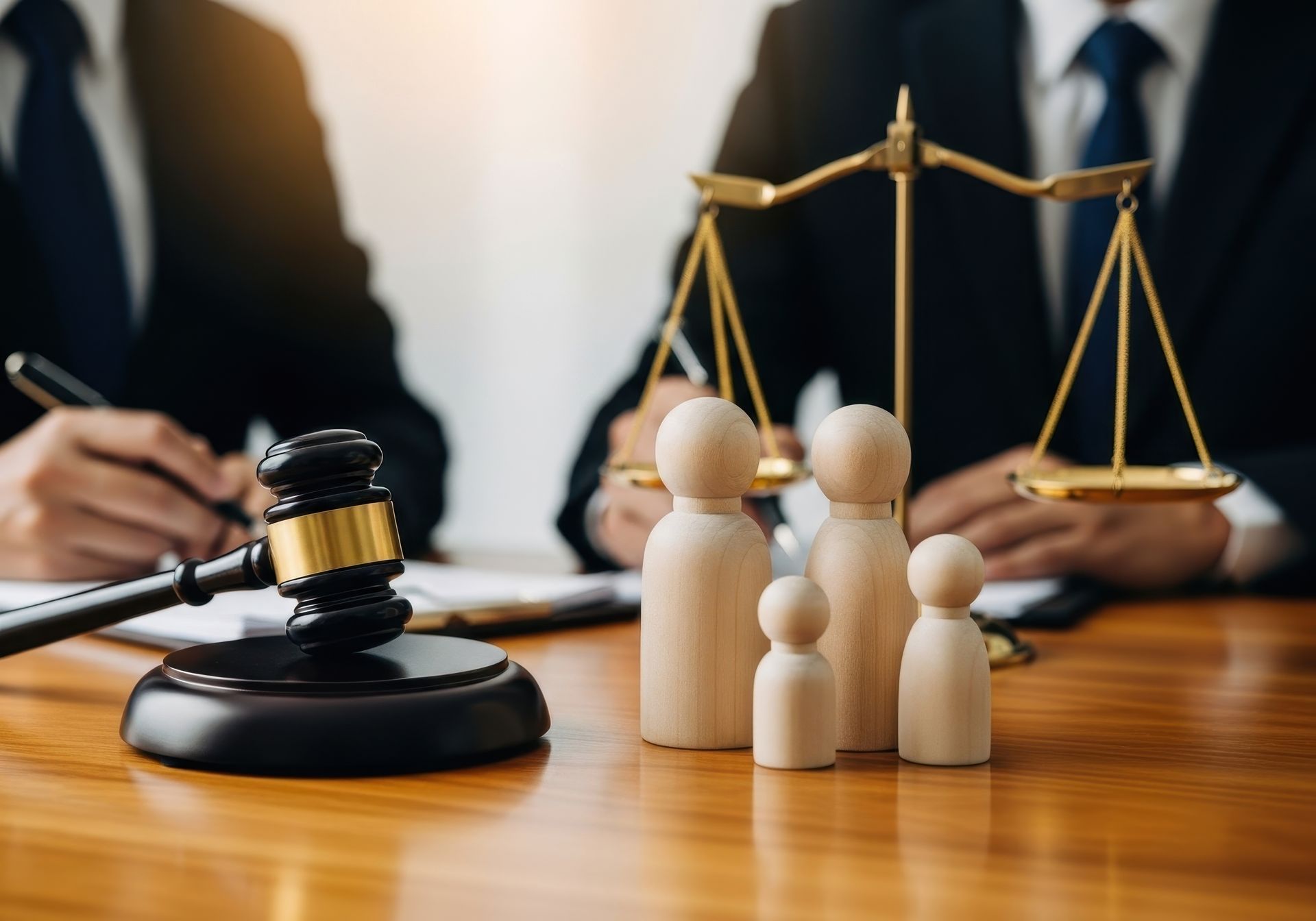 Family law mediation setting with wooden family figurines, gavel, and scales of justice on an attorney's desk during a consultation