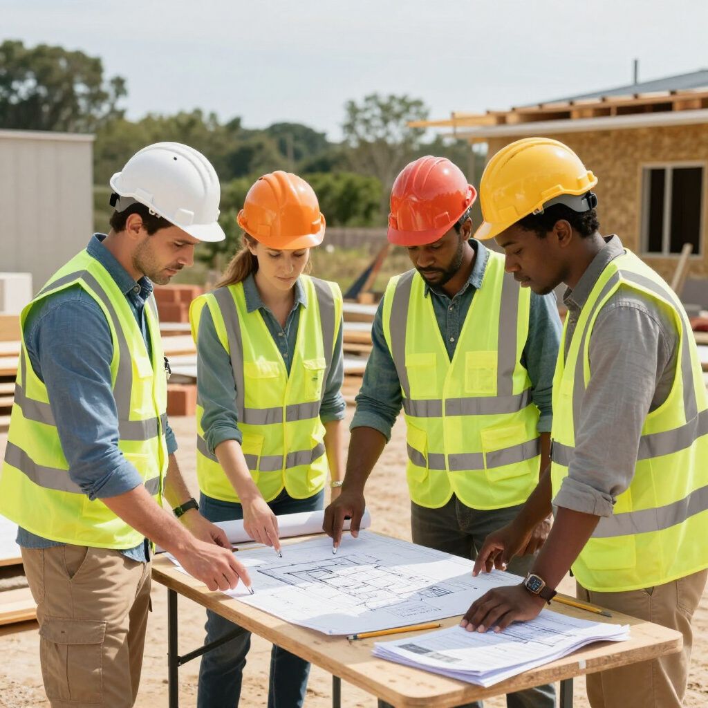 Construction workers in safety vests and hard hats review blueprints at a building site.