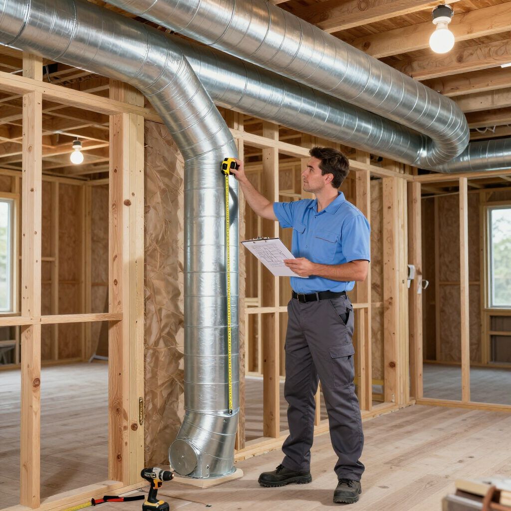 Man measuring HVAC ductwork in a wood-framed room, holding a clipboard. Man measuring HVAC ductwork in a wood-framed room, holding a clipboard.