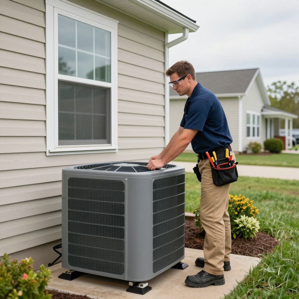 HVAC technician inspects an air conditioning unit outdoors near a house, wearing safety glasses and a tool belt. HVAC technician inspects an air conditioning unit outdoors near a house, wearing safety glasses and a tool belt.