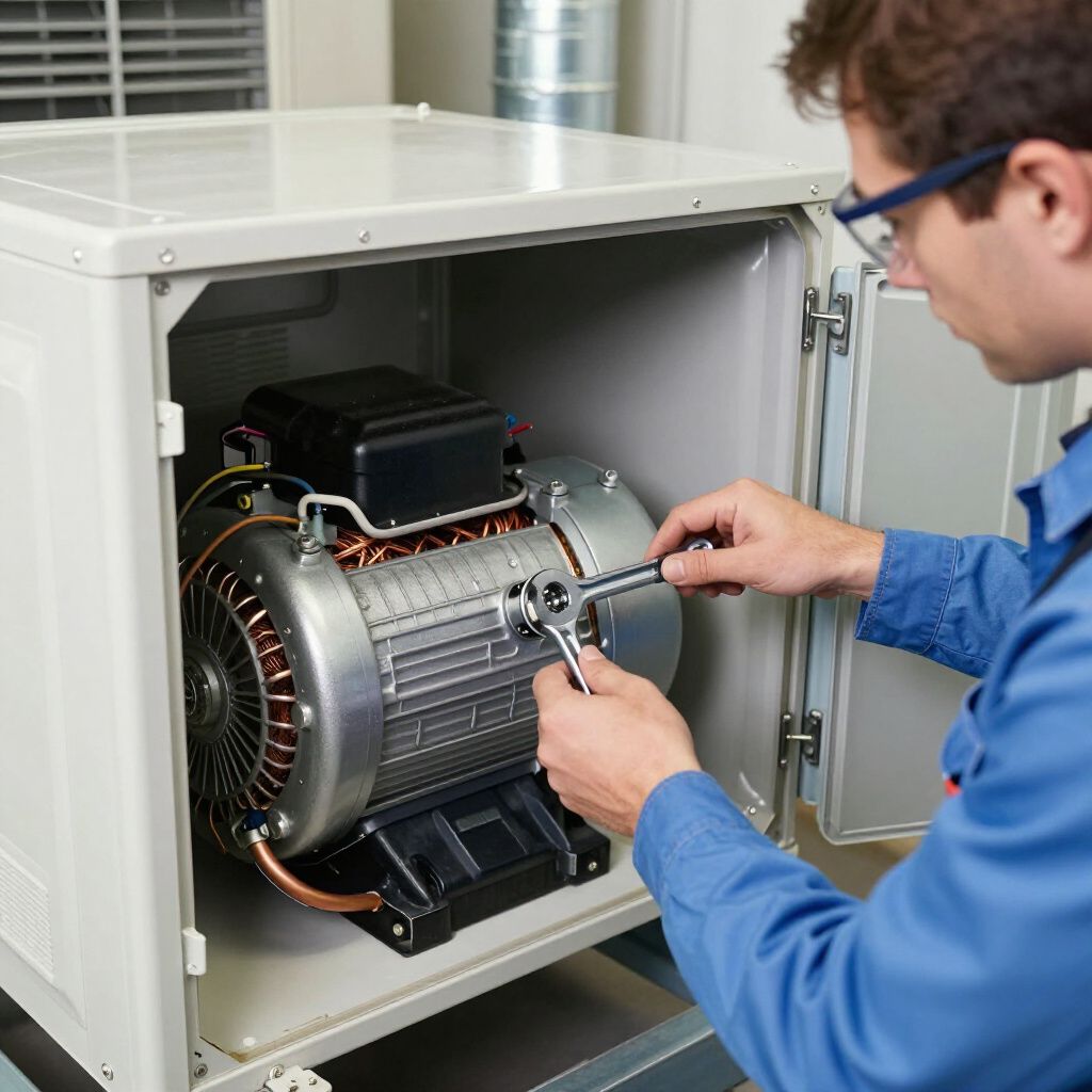 Man in blue uniform repairs an electric motor inside a machine cabinet using a wrench. Man in blue uniform repairs an electric motor inside a machine cabinet using a wrench.