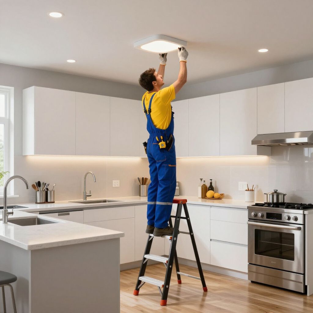 Person on ladder installing ceiling light in a modern kitchen.