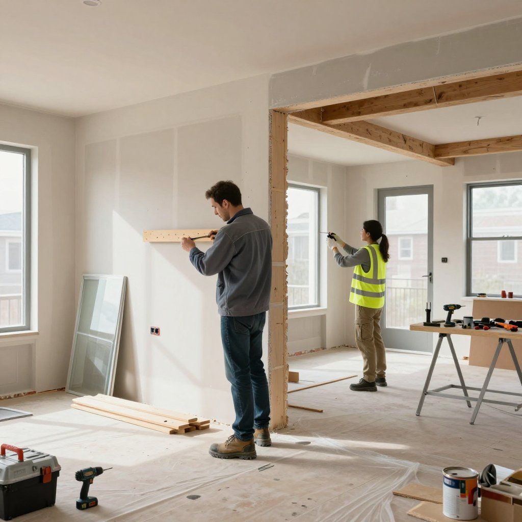 Two people working on construction in an empty room, one measuring wood, another using a tool. Two people working on construction in an empty room, one measuring wood, another using a tool.