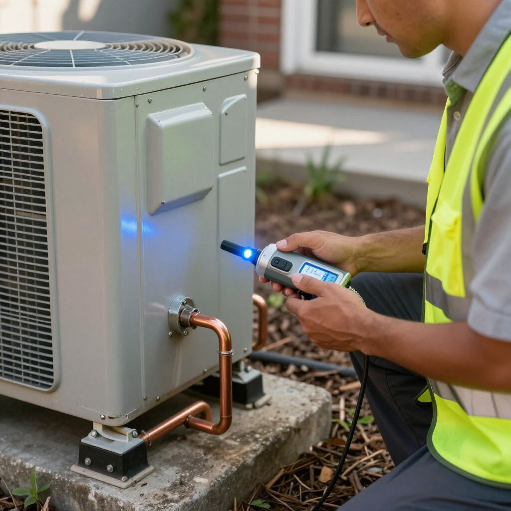 HVAC technician uses a leak detector on an air conditioning unit. HVAC technician uses a leak detector on an air conditioning unit.
