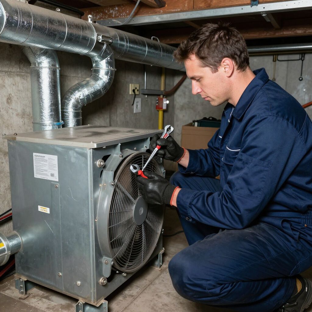 Technician in blue coveralls fixing a large fan unit with a wrench in a basement. Technician in blue coveralls fixing a large fan unit with a wrench in a basement.