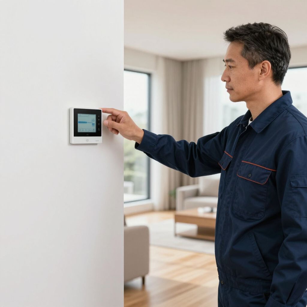 Man in blue coveralls adjusts a wall-mounted thermostat in a modern home. Man in blue coveralls adjusts a wall-mounted thermostat in a modern home.