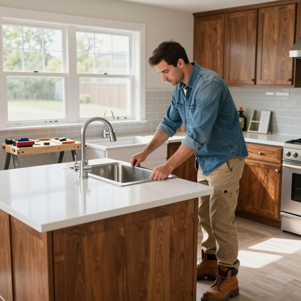 Man in kitchen installing a sink. He is wearing a denim shirt, khaki pants, and work boots.