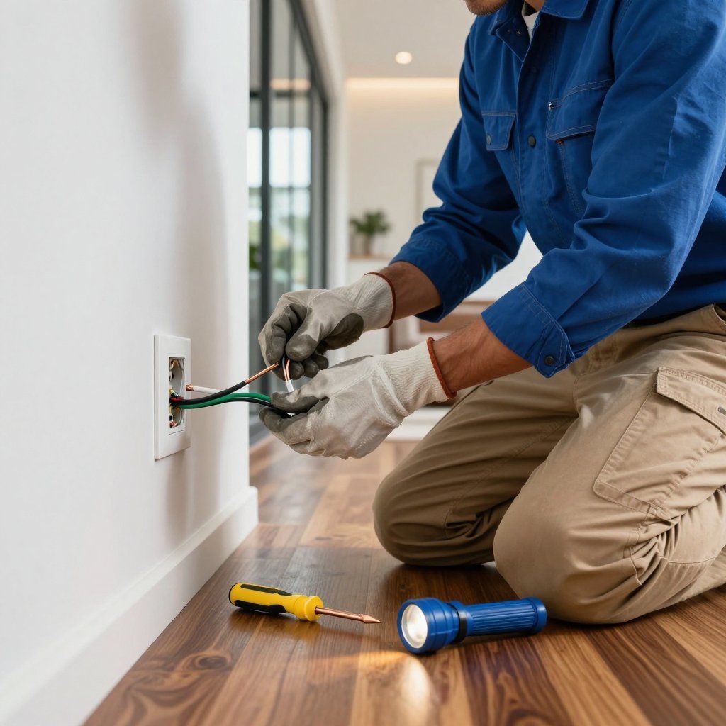 Electrician kneeling, wiring an electrical outlet on a white wall, indoors, holding wires with gloved hands. Electrician kneeling, wiring an electrical outlet on a white wall, indoors, holding wires with gloved hands.
