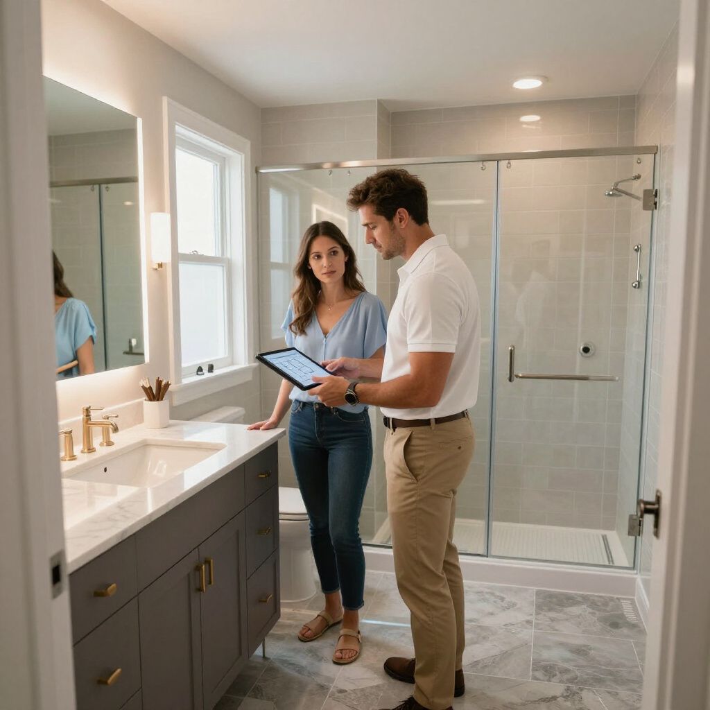 A person shows a tablet to another in a modern bathroom with a gray vanity.