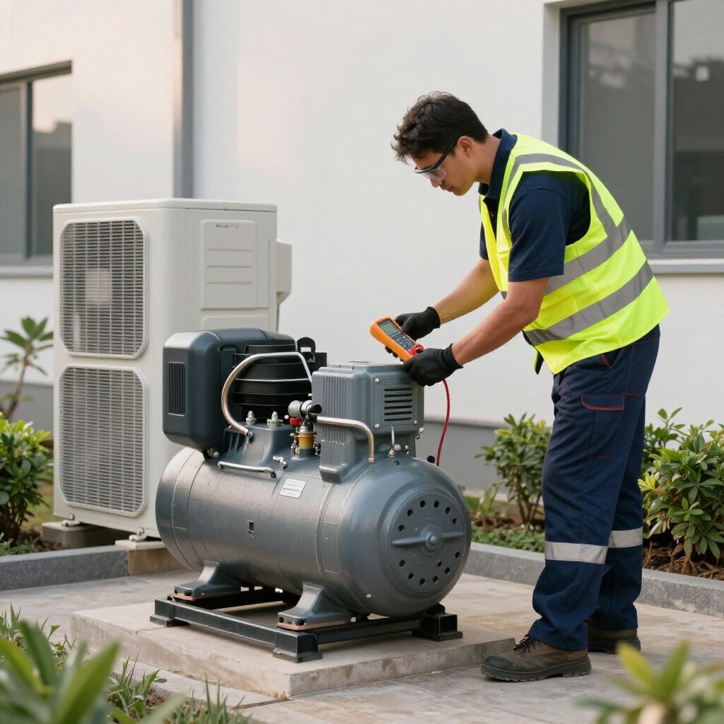 Technician wearing a safety vest inspects an air compressor with a multimeter outdoors. Technician wearing a safety vest inspects an air compressor with a multimeter outdoors.