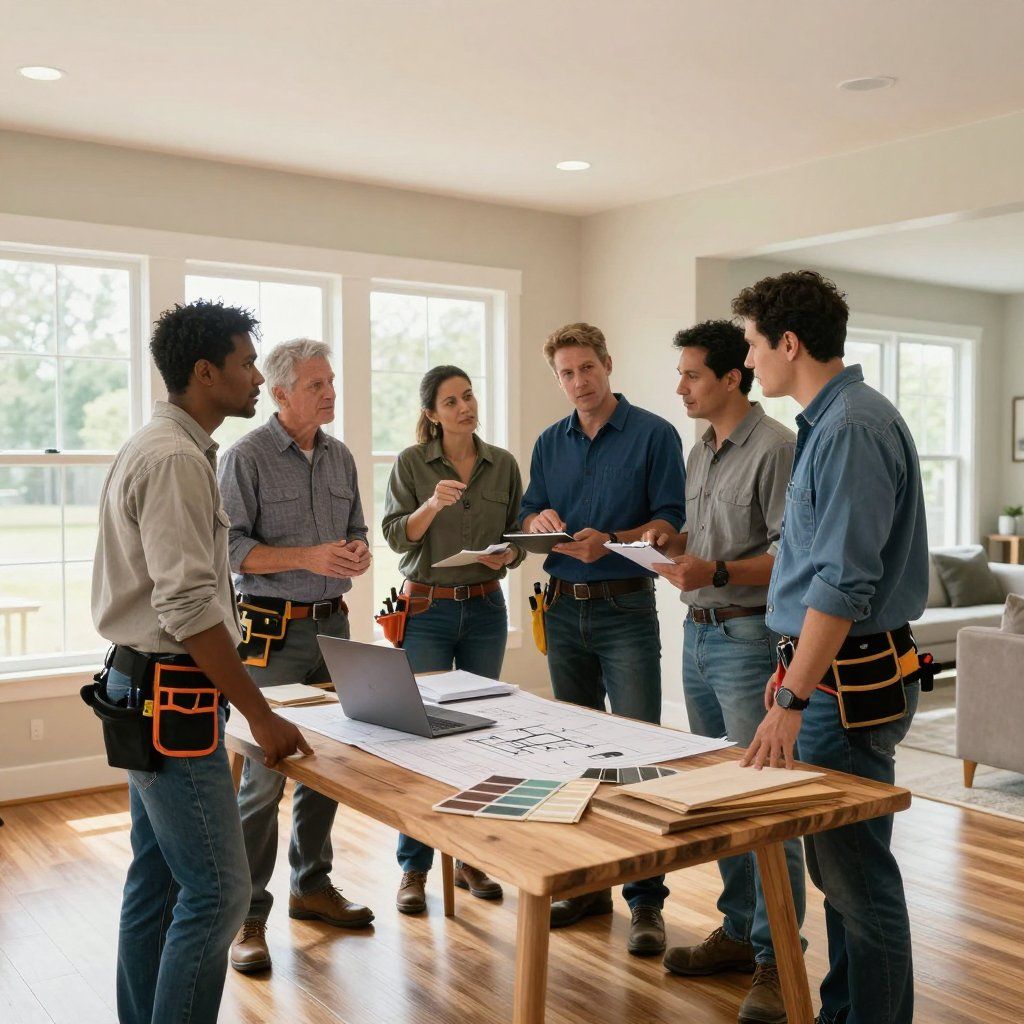 Construction team reviewing blueprints around a table in a bright, airy room. Construction team reviewing blueprints around a table in a bright, airy room.