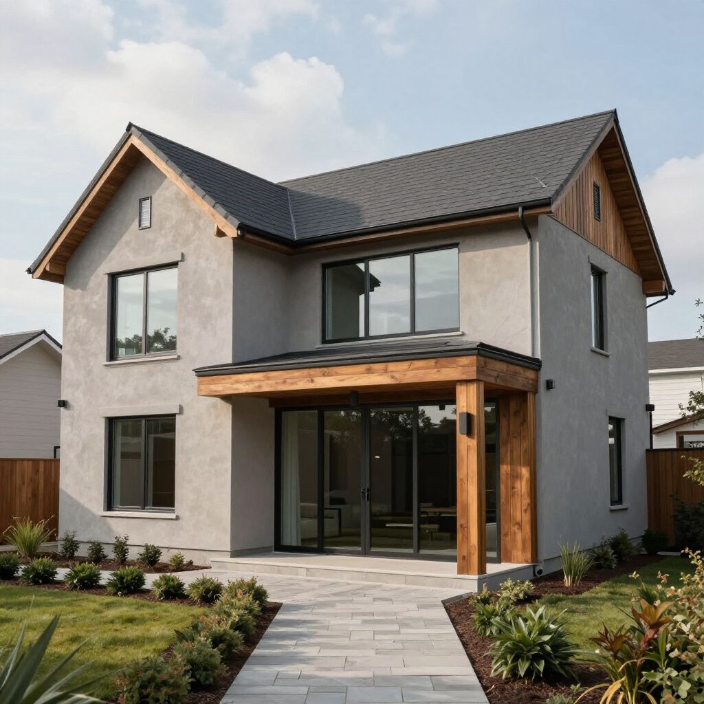 Modern two-story house with gray stucco exterior, wooden accents, and a stone walkway. Modern two-story house with gray stucco exterior, wooden accents, and a stone walkway.