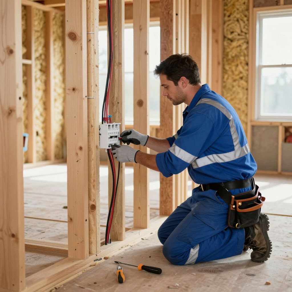 Electrician in blue coveralls kneels, working on electrical box in a wood-framed building. Electrician in blue coveralls kneels, working on electrical box in a wood-framed building.