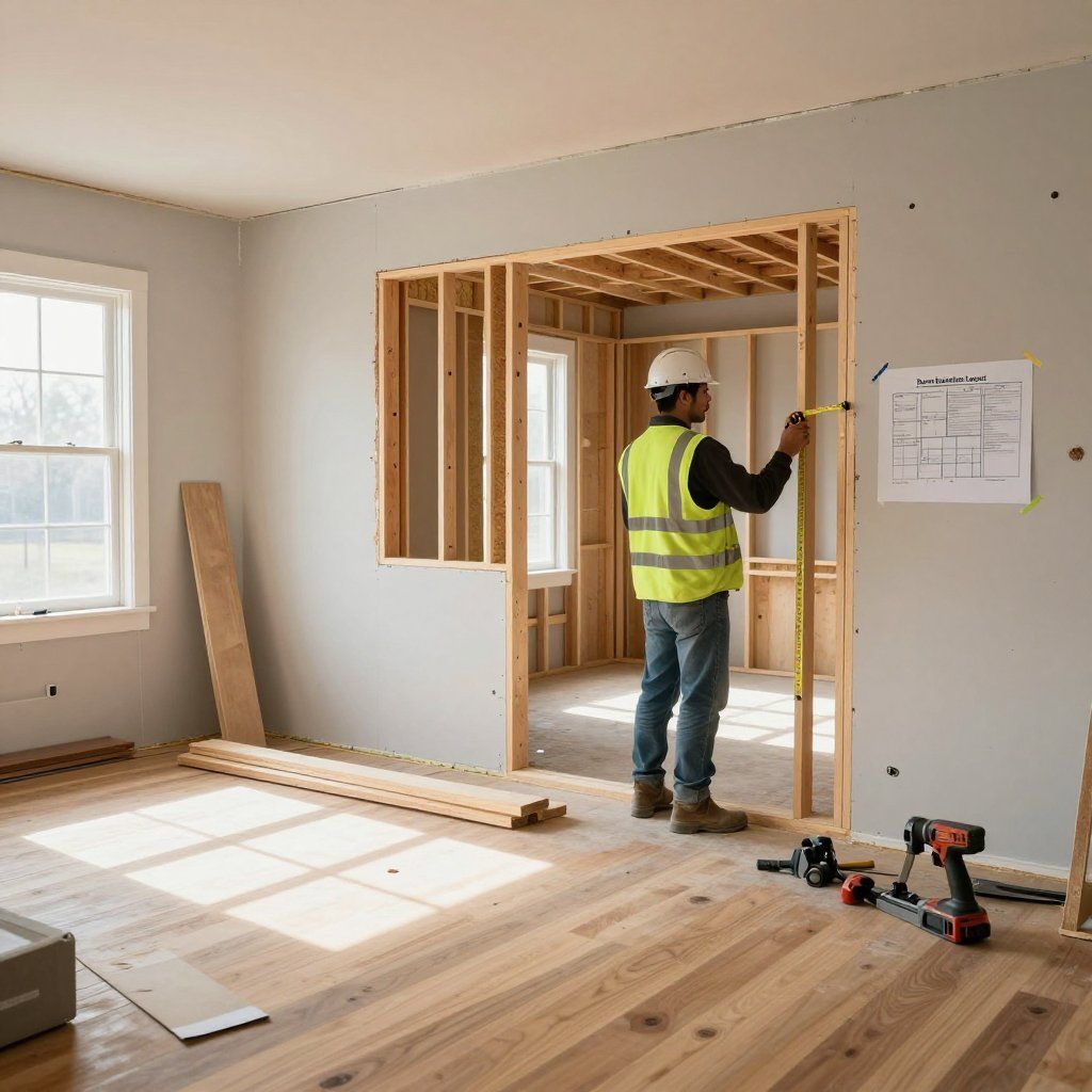Construction worker measuring a doorway opening. Inside a room with wood flooring, unfinished walls.