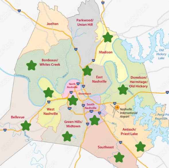 Map of Nashville with green stars marking various neighborhoods, including Madison and Southeast.