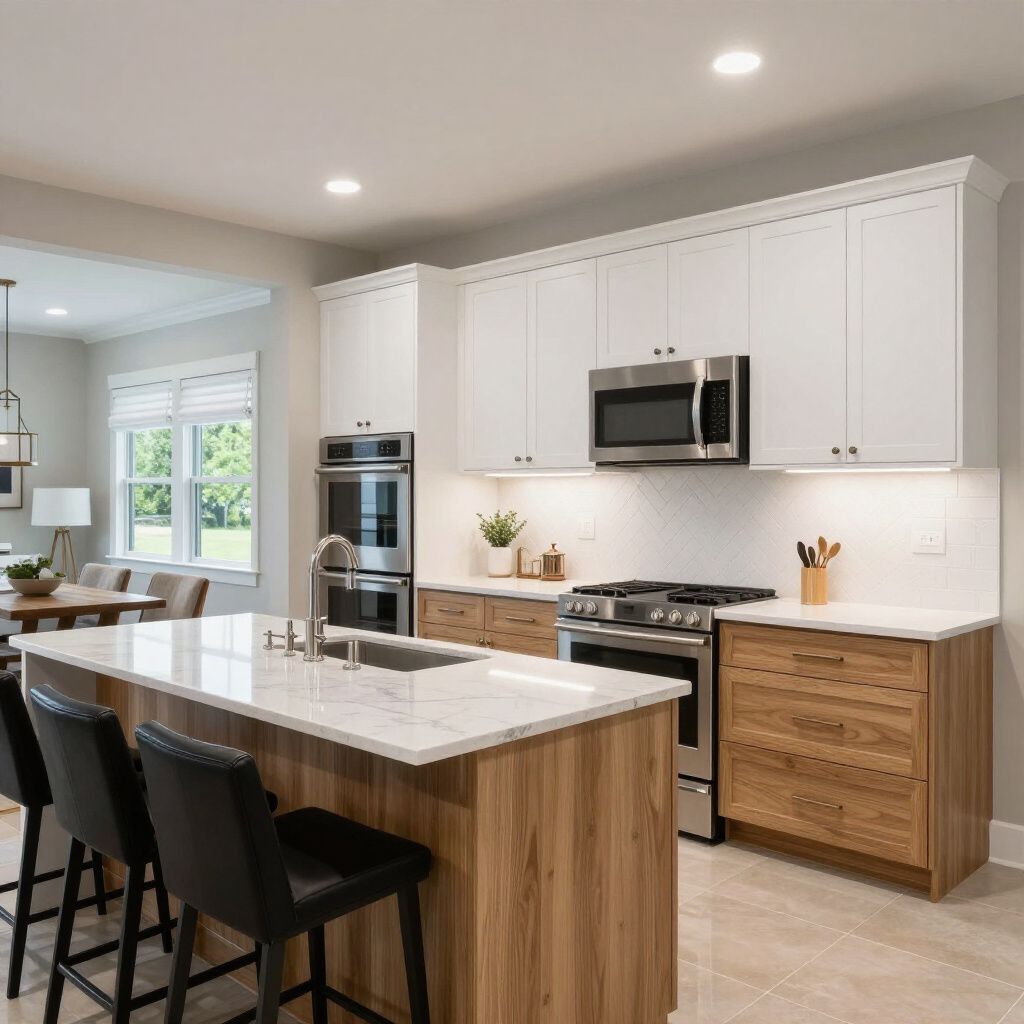 Modern kitchen with white upper cabinets, wood lower cabinets, island with stools, and stainless steel appliances. Modern kitchen with white upper cabinets, wood lower cabinets, island with stools, and stainless steel appliances.