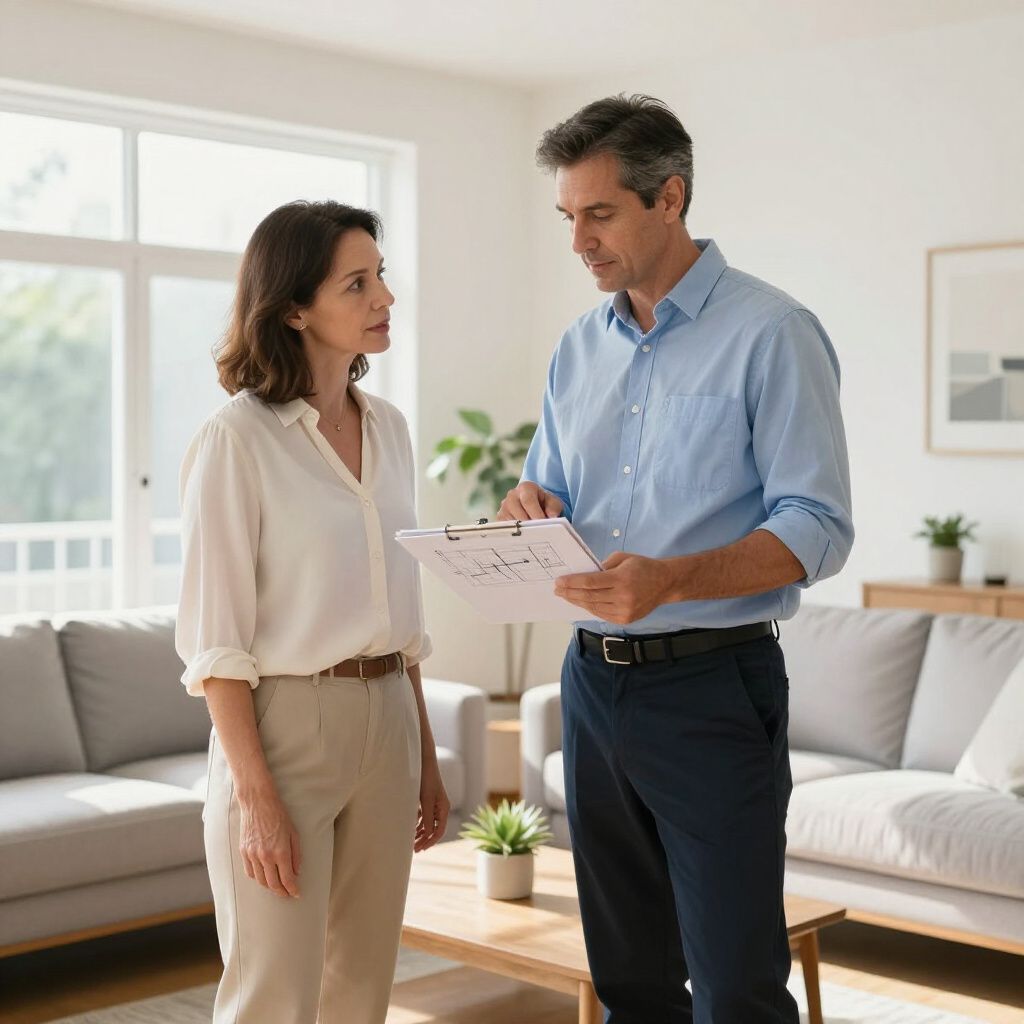 Woman and man discussing paperwork in a well-lit living room, holding documents near a window and sofa.