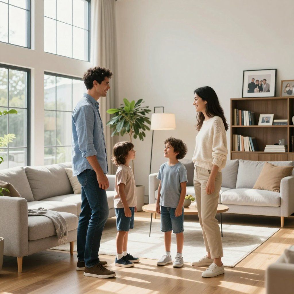 Family of four talking in a bright living room; two small boys, parents, neutral colors.
