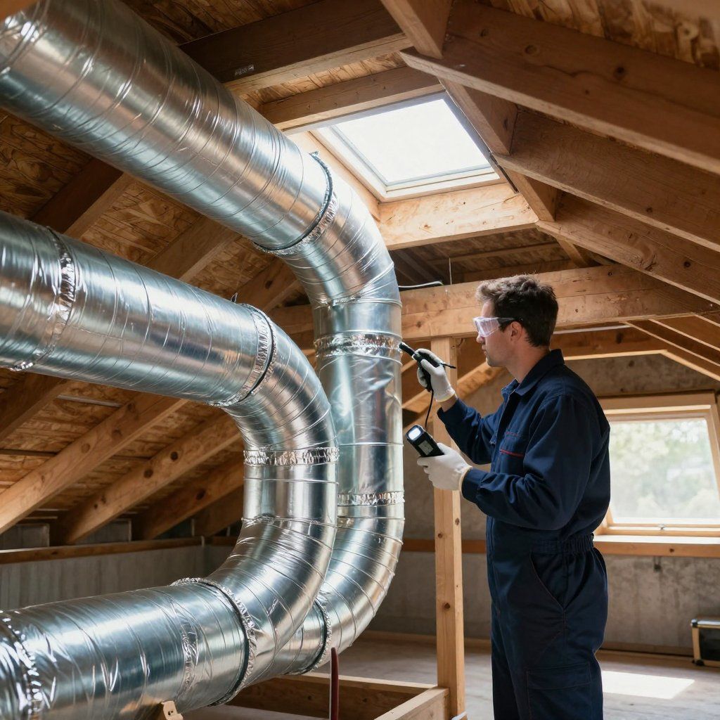 Man in overalls inspecting HVAC ductwork in an attic, holding a device. Man in overalls inspecting HVAC ductwork in an attic, holding a device.