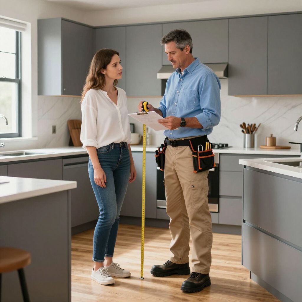 Woman and contractor in a gray kitchen discussing a plan, contractor holding papers and tape measure.