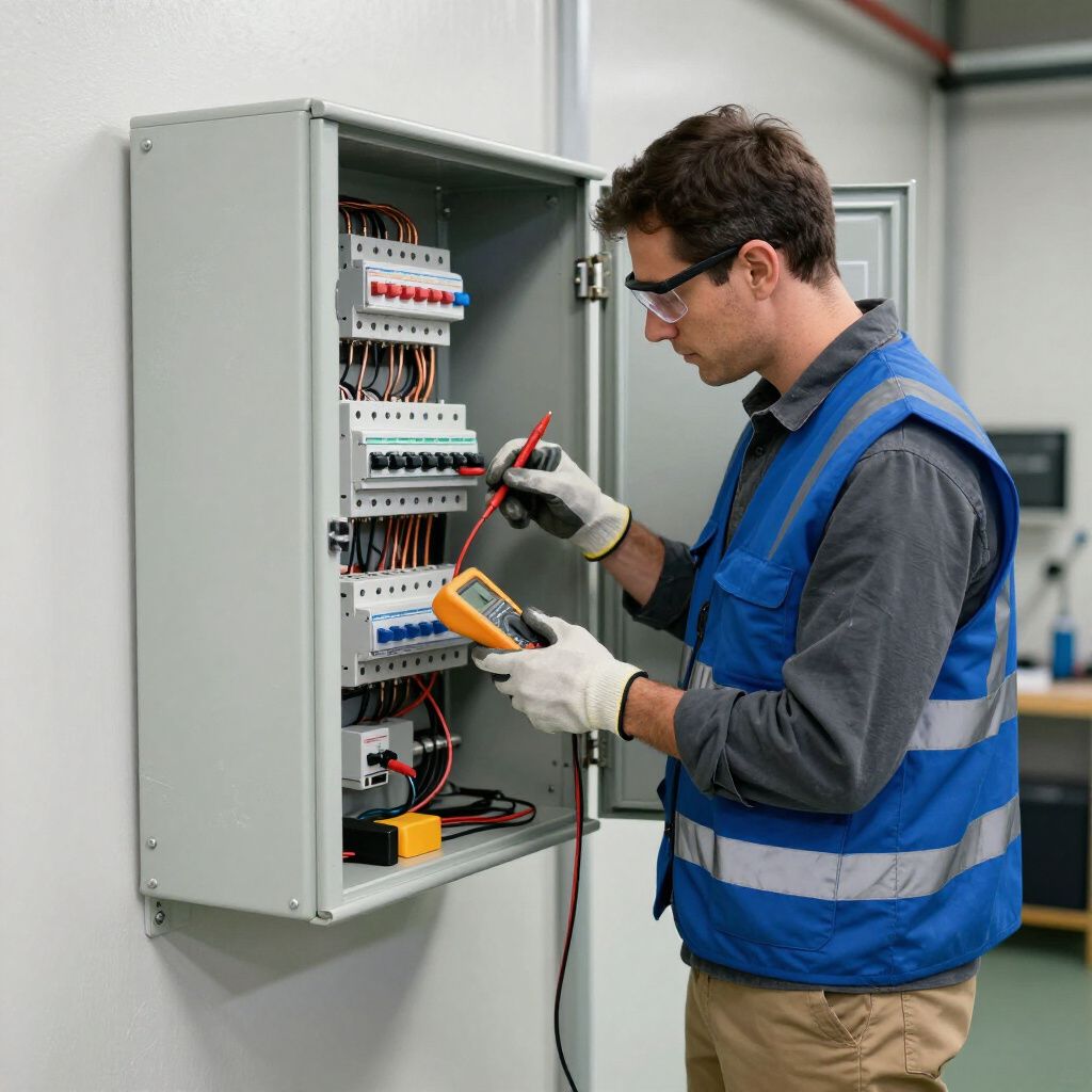 Electrician inspecting electrical panel with a multimeter, wearing safety glasses and gloves. Electrician inspecting electrical panel with a multimeter, wearing safety glasses and gloves.