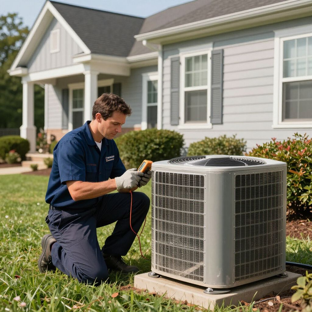 HVAC technician kneeling by an AC unit in front of a house, using a multimeter. HVAC technician kneeling by an AC unit in front of a house, using a multimeter.