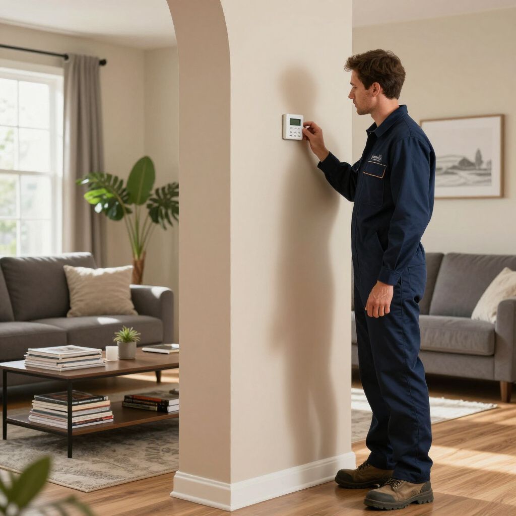 Technician in blue uniform adjusts thermostat on a wall in a living room. Technician in blue uniform adjusts thermostat on a wall in a living room.