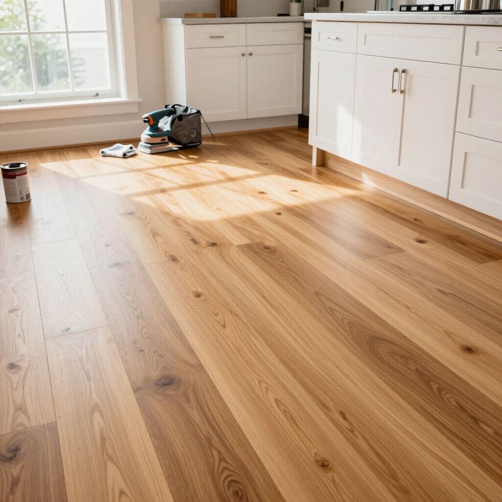 Wood floor in kitchen with white cabinets, tools, and sunlight.