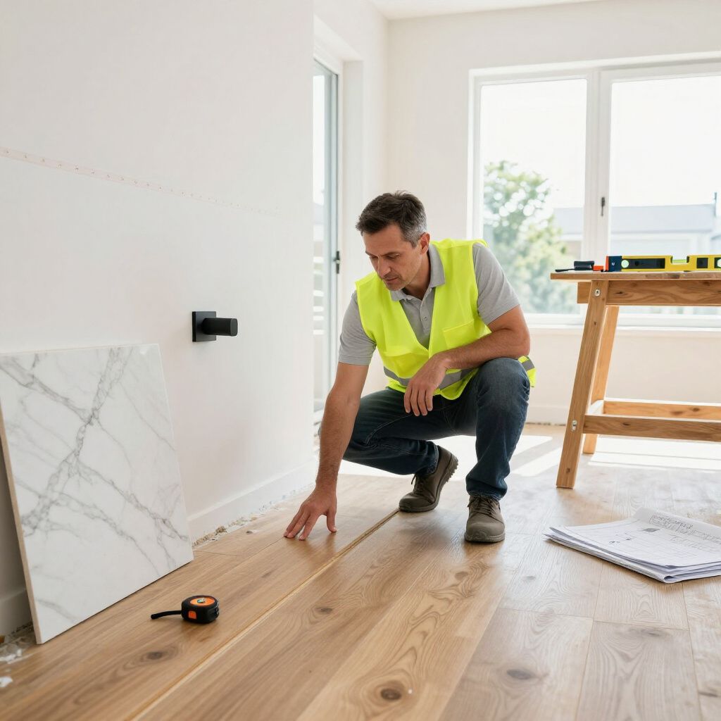 Man in yellow vest kneeling, measuring wood flooring with a tape measure, construction site.