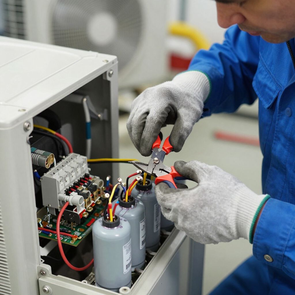 A technician in blue coveralls and gloves using pliers to work on electrical components inside a machine. A technician in blue coveralls and gloves using pliers to work on electrical components inside a machine.
