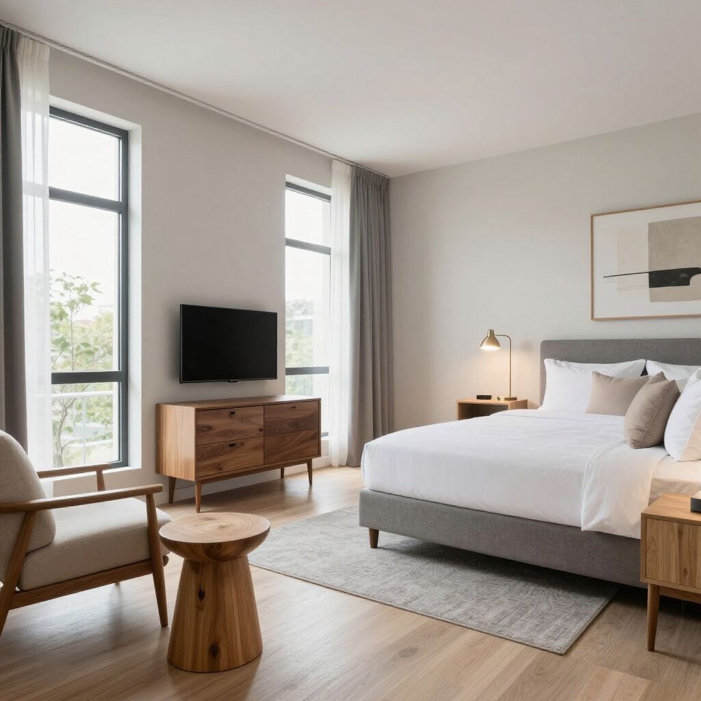 Bedroom with bed, windows, TV, wooden furniture, and armchair. Bedroom with bed, windows, TV, wooden furniture, and armchair.