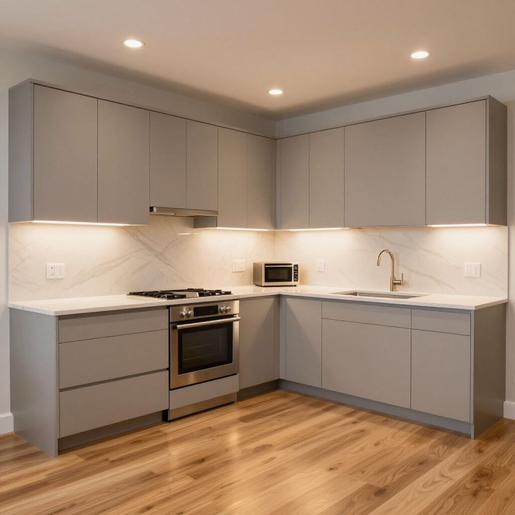 Modern kitchen with gray cabinets, marble countertops, stainless steel appliances, and wood floor.