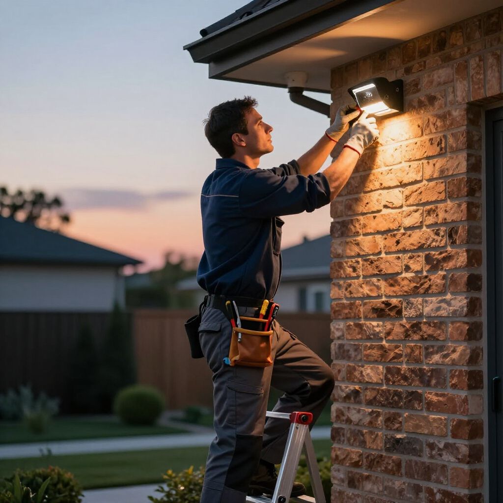 Man on a ladder installing a light fixture on a brick wall next to a door. Dusk setting. Man on a ladder installing a light fixture on a brick wall next to a door. Dusk setting.