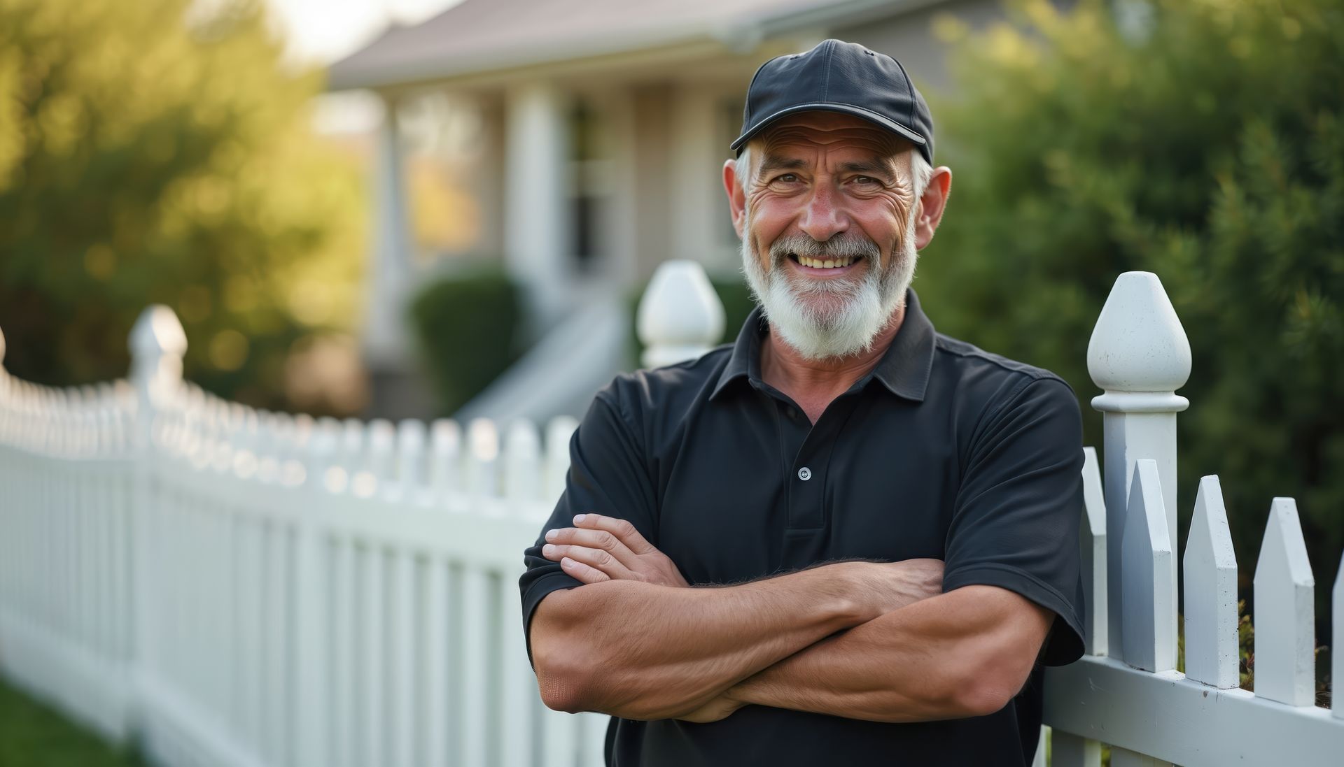 Smiling middle-aged man stands near a white picket fence with his arms crossed. Smiling middle-aged man stands near a white picket fence with his arms crossed.